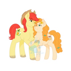 Size: 1500x1500 | Tagged: safe, artist:beadedwolf22, derpibooru import, bright mac, pear butter, earth pony, pony, brightbutter, female, holding hooves, male, mare, shipping, simple background, stallion, straight, watermark, white background