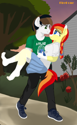 Size: 4336x7055 | Tagged: safe, artist:firepone, derpibooru import, oc, oc:jonas fletcher, oc:kerosene wildfire, anthro, earth pony, pegasus, plantigrade anthro, barefoot, braided ponytail, bridal carry, carrying, clothes, coat markings, cute, feet, female, flower, looking at each other, looking at someone, male, nurse, nurse outfit, nylon, oc x oc, romantic, shipping, sidewalk, socks, socks (coat marking), stocking feet, stockings, straight, sunset, thigh highs, tree