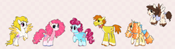 Size: 2412x680 | Tagged: safe, artist:deadmouseseverywhere, derpibooru import, carrot cake, cup cake, pinkie pie, pound cake, pumpkin cake, surprise, earth pony, pegasus, pony, unicorn, alternate design, bald face, blaze (coat marking), bow, bowtie, checkered background, coat markings, colored hooves, facial markings, female, freckles, hair bow, hair over one eye, jewelry, male, mare, necklace, older, older pound cake, older pumpkin cake, pearl necklace, rearing, socks (coat marking), stallion, tail, tail bow, the cakes, unshorn fetlocks