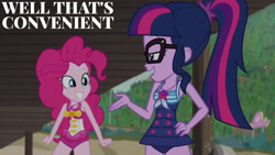 Size: 1280x720 | Tagged: safe, derpibooru import, edit, edited screencap, editor:quoterific, screencap, pinkie pie, sci-twi, twilight sparkle, better together, equestria girls, x marks the spot, bare shoulders, beach, clothes, duo, duo female, female, geode of sugar bombs, geode of telekinesis, glasses, grin, hand on hip, jewelry, magical geodes, necklace, one-piece swimsuit, open mouth, open smile, pinkie pie swimsuit, ponytail, sci-twi swimsuit, sleeveless, smiling, swimsuit, text