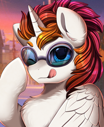 Size: 1446x1764 | Tagged: safe, artist:pridark, derpibooru import, oc, oc:amplitude, pegasus, pony, :p, bust, commission, cute, glasses, ocbetes, pegasus oc, portrait, smiling, solo, tongue, tongue out