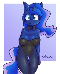 Size: 1157x1427 | Tagged: safe, artist:nehmkey, derpibooru import, princess luna, alicorn, anthro, adorasexy, bowtie, breasts, cleavage, clothes, cute, female, fishnet pantyhose, leotard, looking at you, princess balloona, sexy, smiling, solo