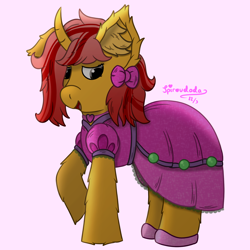 Size: 2000x2000 | Tagged: safe, artist:spiroudada, derpibooru import, oc, oc only, oc:dolly hooves, oc:silk glove, pony, unicorn, clothes, colt, crossdressing, cute, dress, embarrassed, foal, male, pink, ponysona, ribbon, shoes, simple background, smiling, solo, stallion