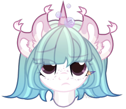 Size: 1170x1012 | Tagged: safe, artist:toffeelavender, derpibooru import, oc, oc only, pony, unicorn, base used, bust, eye clipping through hair, female, freckles, frown, horn, mare, multiple ears, simple background, transparent background, unicorn oc