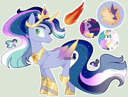 Size: 1024x778 | Tagged: safe, artist:stormcloud-yt, derpibooru import, princess celestia, princess twilight 2.0, twilight sparkle, twilight sparkle (alicorn), alicorn, pony, the last problem, base used, ethereal mane, female, jewelry, magical lesbian spawn, mare, offspring, older, older twilight, parent:princess celestia, parent:twilight sparkle, parents:twilestia, peytral, screencap reference, smiling, starry mane, tiara