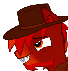 Size: 2100x2200 | Tagged: safe, artist:firehearttheinferno, derpibooru import, oc, oc only, oc:lance longmane, pegasus, fallout equestria, fallout equestria: equestria the beautiful, beard, blaze (coat marking), clothes, coat markings, cowboy hat, coy, digital art, ear fluff, ear tufts, ears, facial hair, facial markings, fangs, goatee, grin, hat, jacket, leather jacket, male, messy mane, orange eyes, orange mane, pegasus oc, red mane, sharp teeth, simple background, smiling, smirk, solo, stallion, teeth, transparent background, vest