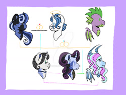 Size: 1280x960 | Tagged: safe, artist:rose-moonlightowo, derpibooru import, fancypants, rarity, spike, oc, oc:lilienthal emerald, oc:porcelain dollface, oc:wendy, dracony, hybrid, pony, unicorn, alternate design, base used, dead, deviantart watermark, family tree, female, halo, interspecies offspring, male, obtrusive watermark, offspring, older, older spike, parent:fancypants, parent:rarity, parent:spike, parents:raripants, parents:sparity, raripants, shipping, sparity, straight, watermark