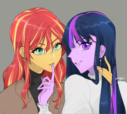 Size: 1000x900 | Tagged: safe, artist:extraluna, derpibooru import, sunset shimmer, twilight sparkle, equestria girls, beautiful, clothes, ear piercing, earring, female, finger, jewelry, lesbian, piercing, shipping, simple background, sunsetsparkle