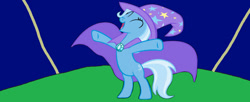 Size: 1280x523 | Tagged: safe, artist:disneyponyfan, derpibooru import, trixie, pony, unicorn, ^^, bipedal, cape, clothes, eyes closed, female, full body, hat, hooves, mare, open mouth, open smile, smiling, solo, standing, tail, trixie's cape, trixie's hat, two toned tail