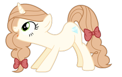 Size: 1185x753 | Tagged: safe, artist:cindydreamlight, derpibooru import, oc, oc only, oc:ashley shine diamond, pony, unicorn, ass up, bow, female, full body, hair bow, hooves, horn, mare, open mouth, open smile, show accurate, simple background, smiling, solo, standing, tail, tail bow, transparent background, unicorn oc