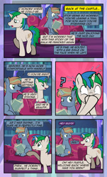 Size: 1920x3169 | Tagged: safe, artist:alexdti, derpibooru import, oc, oc only, oc:brainstorm (alexdti), oc:marco, pony, unicorn, comic:quest for friendship, book, bookshelf, comic, glowing, glowing horn, horn, magic, male, sofa, stallion, sweat, telekinesis, twilight's castle