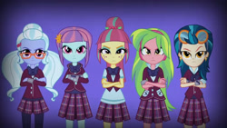 Size: 3410x1920 | Tagged: safe, derpibooru import, screencap, indigo zap, lemon zest, sour sweet, sugarcoat, sunny flare, equestria girls, friendship games, crossed arms, female, high res, unleash the magic