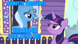 Size: 1280x720 | Tagged: safe, derpibooru import, edit, edited screencap, screencap, trixie, twilight sparkle, twilight sparkle (alicorn), alicorn, no second prances, female, lesbian, shipping, text, trixie's wagon, twixie, wagon