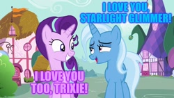 Size: 1280x720 | Tagged: safe, derpibooru import, edit, edited screencap, screencap, starlight glimmer, trixie, no second prances, female, lesbian, shipping, startrix, text