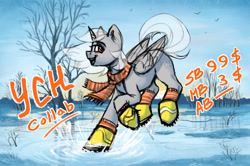 Size: 1288x853 | Tagged: safe, artist:amishy, artist:eltaile, derpibooru import, pony, collaboration, advertisement, clothes, commission, outdoors, puddle, scarf, snow, solo, spring, striped scarf, your character here, your character here auction