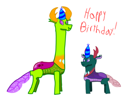 Size: 2048x1536 | Tagged: safe, artist:mlphero, derpibooru import, pharynx, thorax, changedling, changeling, birthday, gift art, long neck, necc, simple background, white background