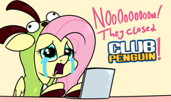 Size: 1189x707 | Tagged: safe, artist:moonatik, derpibooru import, fluttershy, pegasus, pony, antonymph, clothes, club penguin, computer, crying, female, fluttgirshy, gir, hoodie, laptop computer, mare, solo