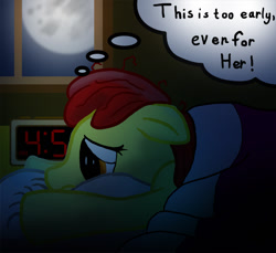 Size: 800x733 | Tagged: safe, artist:metalponyfan, derpibooru import, apple bloom, earth pony, pony, bed, clock, digital clock, early, in bed, moon, solo, thought bubble, waking up, window