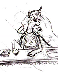 Size: 1120x1388 | Tagged: safe, artist:metalponyfan, derpibooru import, princess celestia, alicorn, pony, desk, grayscale, monochrome, sketch, solo, traditional art