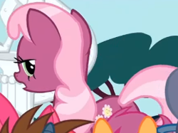 Size: 259x194 | Tagged: safe, derpibooru import, screencap, apple bloom, cheerilee, scootaloo, silver spoon, snips, earth pony, pegasus, pony, unicorn, the return of harmony, apple bloom's bow, bow, butt, cheerilee is not amused, female, filly, foal, glasses, hair bow, plot, statue, unamused