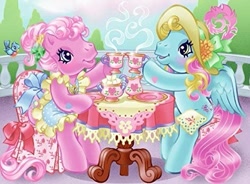 Size: 493x362 | Tagged: safe, artist:lyn fletcher, derpibooru import, pinkie pie (g3), thistle whistle, bird, earth pony, pegasus, pony, g3, balcony, chair, clothed ponies, clothes, cropped, cup, dress, duo, duo female, fancy, female, food, hat, holding, napkin, official, official art, railing, sitting, table, tea, tea party, teacup