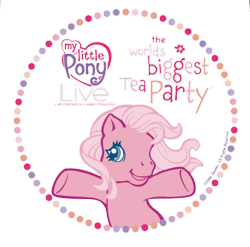 Size: 497x492 | Tagged: safe, derpibooru import, pinkie pie (g3), earth pony, pony, g3, my little pony live, the world's biggest tea party, bipedal, circle, half body, logo, official, pose, simple background, solo, text, transparent background, vector, waving