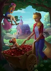 Size: 1225x1701 | Tagged: safe, artist:victormodaa, derpibooru import, apple bloom, applejack, winona, human, apple, apple in mouth, apple tree, elf ears, food, humanized, sweet apple acres, sweet apple acres barn, tail, tailed humanization, tree, tree branch, uncanny valley