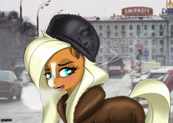 Size: 4961x3508 | Tagged: safe, artist:ostarbito, derpibooru import, oc, oc only, earth pony, pony, absurd resolution, blonde, blonde mane, blonde tail, blue eyes, blushing, car, clothes, cold, earth pony oc, female, frown, fur coat, hat, mare, open mouth, orange fur, russia, signature, snow, solo, speech bubble, street, talking, unnamed oc, winter, winter outfit