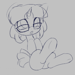 Size: 290x291 | Tagged: safe, artist:an-m, ponerpics import, oc, oc only, oc:butter berry, pony, unicorn, aggie.io, female, filly, foal, glasses, lowres, monochrome, open mouth, simple background, sitting