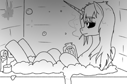 Size: 1821x1200 | Tagged: safe, artist:pony quarantine, ponerpics import, oc, oc:dyx, alicorn, pony, alcohol, alicorn oc, bath, candle, cigarette, female, horn, lineart, mare, monochrome, solo, solo female, wet, wings