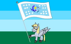 Size: 3200x2000 | Tagged: safe, artist:horsesplease, derpy hooves, princess celestia, princess luna, equestria, equestrian flag, flag, happy, smiling, stars