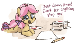 Size: 595x354 | Tagged: safe, artist:plunger, ponerpics import, kettle corn, earth pony, pony, exclamation point, female, filly, foal, implied anon, looking at you, missing cutie mark, motivational, offscreen character, open mouth, open smile, paper, pencil, prone, smiling, solo, talking, talking to viewer