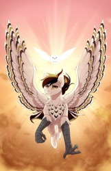 Size: 1518x2340 | Tagged: safe, artist:mr-tiaa, derpibooru import, oc, oc only, oc:silent flight, bird, hippogriff, owl, flying, hippogriff oc, spread wings, sunrise, talons, teary eyes, wings