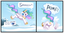 Size: 4237x2236 | Tagged: safe, alternate version, artist:confetticakez, derpibooru import, princess celestia, princess luna, alicorn, pony, 2 panel comic, angry, behaving like a fox, comic, cross-popping veins, crown, cute, cutelestia, eyes closed, female, high res, hoof shoes, jewelry, luna is not amused, majestic as fuck, mare, onomatopoeia, open mouth, open smile, pomf, regalia, sillestia, silly, silly pony, smiling, snow, solo, unamused