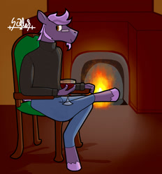 Size: 1188x1280 | Tagged: safe, artist:scales, derpibooru import, oc, oc:quarterly review, anthro, pegasus, alcohol, chair, crossed legs, facial hair, fireplace, glass, glasses, goatee, male, pink hair, sitting, solo, wine, wine glass