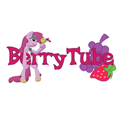 Size: 600x600 | Tagged: artist needed, safe, derpibooru import, berry punch, berryshine, earth pony, pony, berrytube, bipedal, clothes, female, mare, open mouth, open smile, simple background, smiling, solo, text, toga, white background