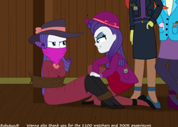 Size: 3500x2500 | Tagged: safe, artist:robukun, derpibooru import, rarity, suri polomare, oc, oc:miss rary, oc:rougher, equestria girls, angry, bad end, bondage, bound and gagged, cloth gag, clothes, evil grin, gag, glare, grin, hat, impostor, looking at each other, looking at someone, pole, pole tied, rope, rope bondage, smiling, tied up