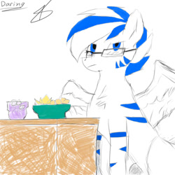 Size: 1000x1000 | Tagged: safe, derpibooru import, oc, oc only, oc:light speed, pegasus, bowl, chips, cup, female, food, glasses, looking at you, mare, table