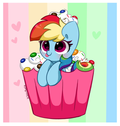 Size: 3886x4060 | Tagged: safe, artist:kittyrosie, derpibooru import, part of a set, rainbow dash, pegasus, pony, blushing, cake, chocolate, cupcake pony, cute, dashabetes, food, heart eyes, high res, m&m's, rainbow background, simple background, tongue, tongue out, whipped cream, wingding eyes