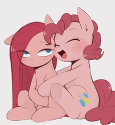 Size: 962x1046 | Tagged: safe, artist:manachaaaaaaaa, derpibooru import, pinkie pie, earth pony, pony, cute, duality, duo, eye clipping through hair, eyes closed, female, hug, mare, open mouth, open smile, pinkamena diane pie, self paradox, self ponidox, simple background, smiling
