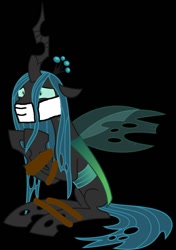 Size: 680x967 | Tagged: safe, artist:f1master45, derpibooru import, queen chrysalis, changeling, changeling queen, 1000 hours in ms paint, black background, bondage, bound and gagged, cloth gag, female, gag, help, helpless, over the nose gag, rope, ropes, scared, simple background, solo, tied up, worried