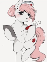 Size: 1575x2048 | Tagged: safe, artist:manachaaaaaaaa, derpibooru import, nurse redheart, earth pony, semi-anthro, blushing, female, looking at you, mare, needle, simple background, solo, syringe