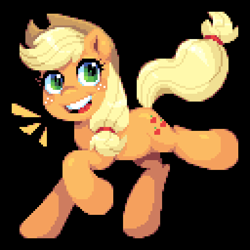 Size: 640x640 | Tagged: safe, artist:hikkage, derpibooru import, applejack, earth pony, applejack's hat, black background, clothes, cowboy hat, female, hat, mare, pixel art, simple background, smiling, solo