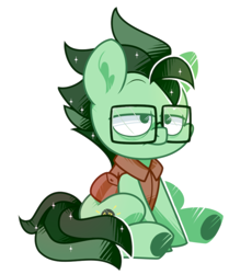 Size: 788x857 | Tagged: safe, artist:yokokinawa, derpibooru import, oc, oc:dimbulb, earth pony, chibi, clothes, earth pony oc, glasses, shrunken pupils, simple background, sitting, white background