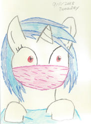 Size: 1400x1910 | Tagged: safe, artist:bluesplendont, derpibooru import, dj pon-3, vinyl scratch, earth pony, pony, equestria girls, wake up!, blanket, cloth gag, gag, hammock, help, help me, over the nose gag, solo, startled, surprised, traditional art, wake up, wat, wide eyes, wtf, wtf face