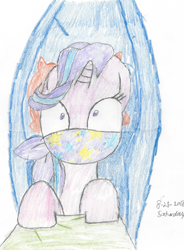 Size: 1403x1903 | Tagged: safe, artist:bluesplendont, derpibooru import, starlight glimmer, pony, unicorn, road to friendship, wake up!, blanket, cloth gag, drawing, gag, hammock, over the nose gag, redraw, scene interpretation, solo, startled, surprised, traditional art, wake up, wat, wide eyes, wtf, wtf face