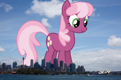 Size: 2107x1393 | Tagged: safe, artist:90sigma, artist:thegiantponyfan, derpibooru import, cheerilee, earth pony, pony, australia, city, female, giant pony, giant/macro earth pony, giantess, highrise ponies, irl, looking down, macro, mare, mega giant, photo, ponies in real life, smiling, solo, standing, sydney