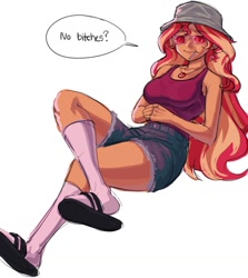 Size: 903x1014 | Tagged: safe, artist:nairdags, derpibooru import, sunset shimmer, equestria girls, breasts, candy, clothes, crossed legs, female, food, geode of empathy, glasses, hat, kneesocks, lollipop, magical geodes, meme, no bitches?, sandals, shoe dangling, simple background, socks, socks with sandals, solo, speech bubble, sunglasses, sunset jiggler, white background