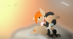 Size: 7572x4080 | Tagged: safe, artist:fededash, derpibooru import, oc, oc:fededash, oc:pandauwu, pegasus, pony, cloud, cute, duo, ears, eating, eyes closed, floppy ears, food, ice, ice cream, pegasus oc, pony oc, sitting, sky, sun