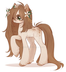 Size: 1024x1116 | Tagged: safe, artist:miioko, derpibooru import, oc, oc only, earth pony, pony, deviantart watermark, earth pony oc, flower, flower in hair, obtrusive watermark, raised hoof, raised leg, simple background, solo, watermark, white background